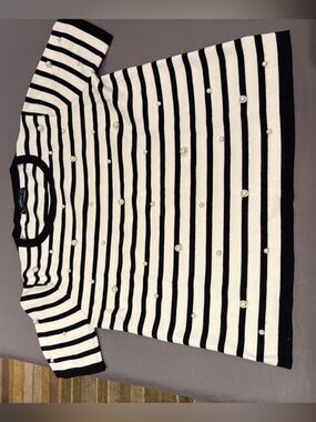 Zara Black and White Striped Pearl-Accent Short Sleeve Top